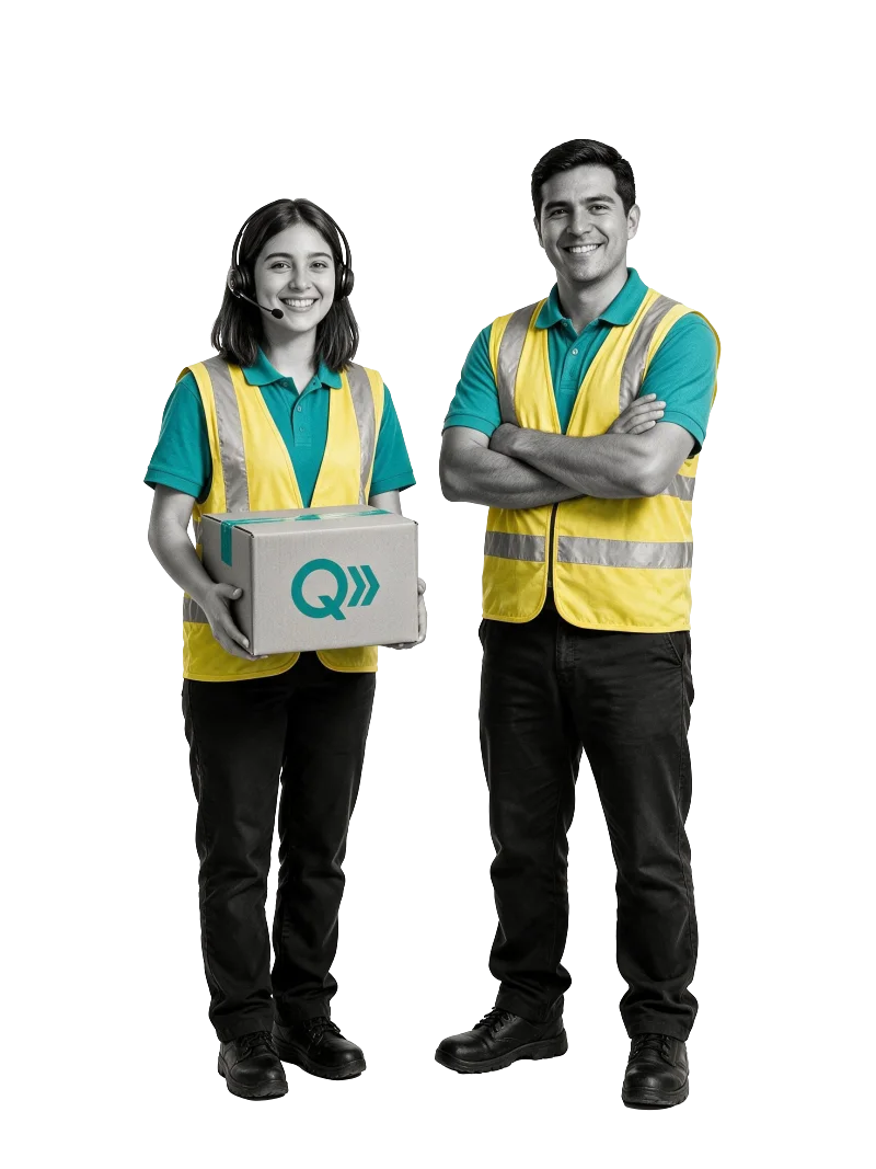 El equipo de Quechua Express: la asesora con su audífono y un paquete, y su compañero, delante del camión de la flota