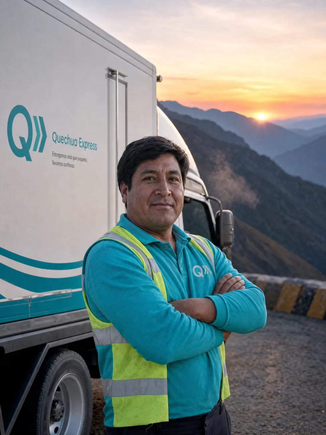 Conductor de Quechua Express junto a su unidad al amanecer en la cordillera