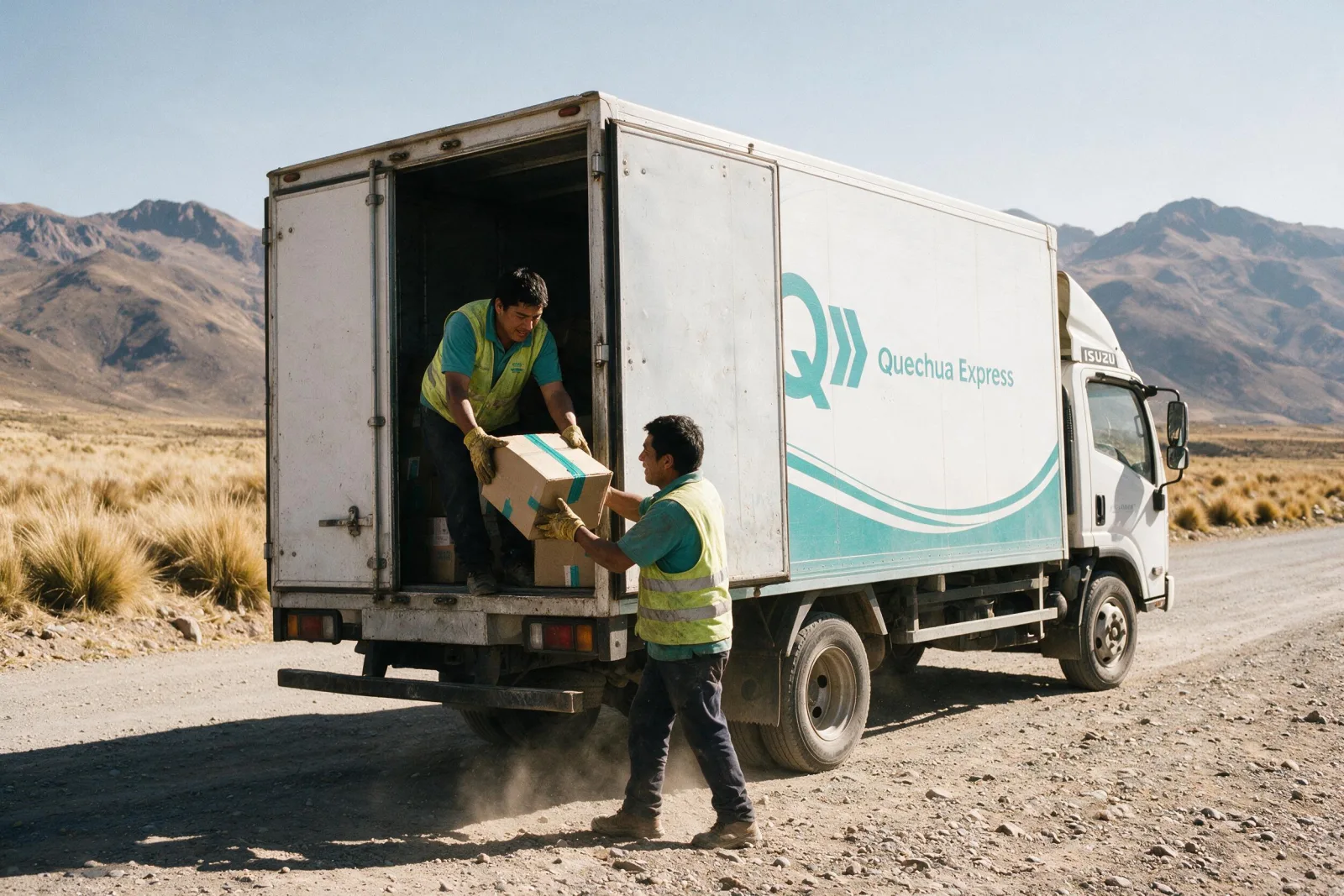 Equipo de Quechua Express descargando encomiendas en la provincia alta
